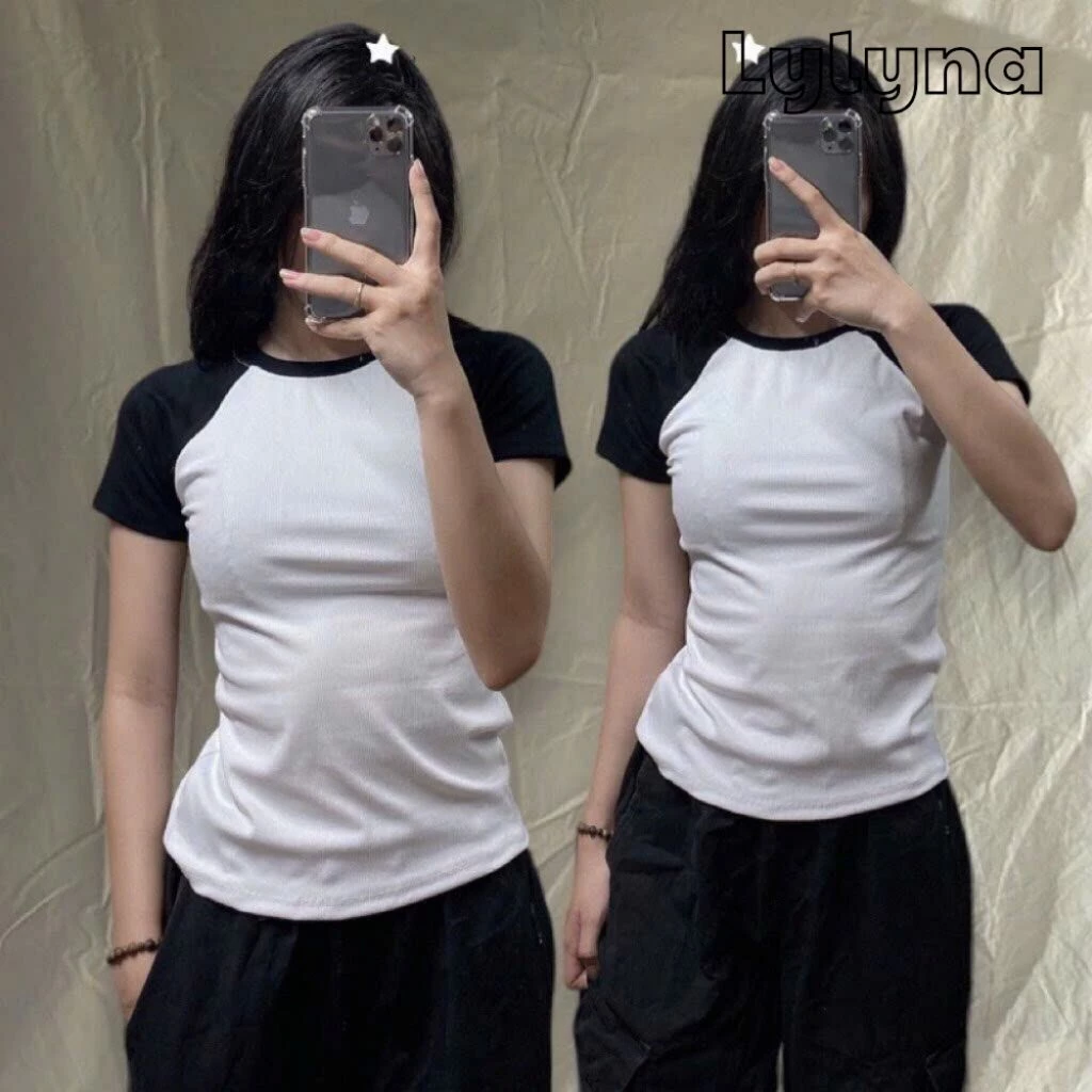 Áo ráp lăng tay ngắn phối tay màu đen, áo tay ngân dáng babytee -LYLYNA A46