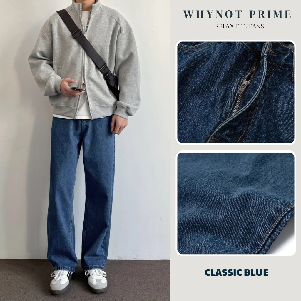 Quần Jean Nam Ống Suông Đứng màu Xanh Classic Blue WN PRIME, Quần Bò Nam Nữ Form Suông Có BigSize