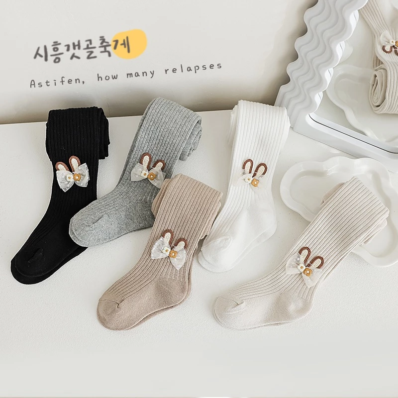 Quần tất cho bé gái, quần leggings mỏng trơn màu đính nơ thỏ xinh yêu, size từ 1 đến 12 tuổi