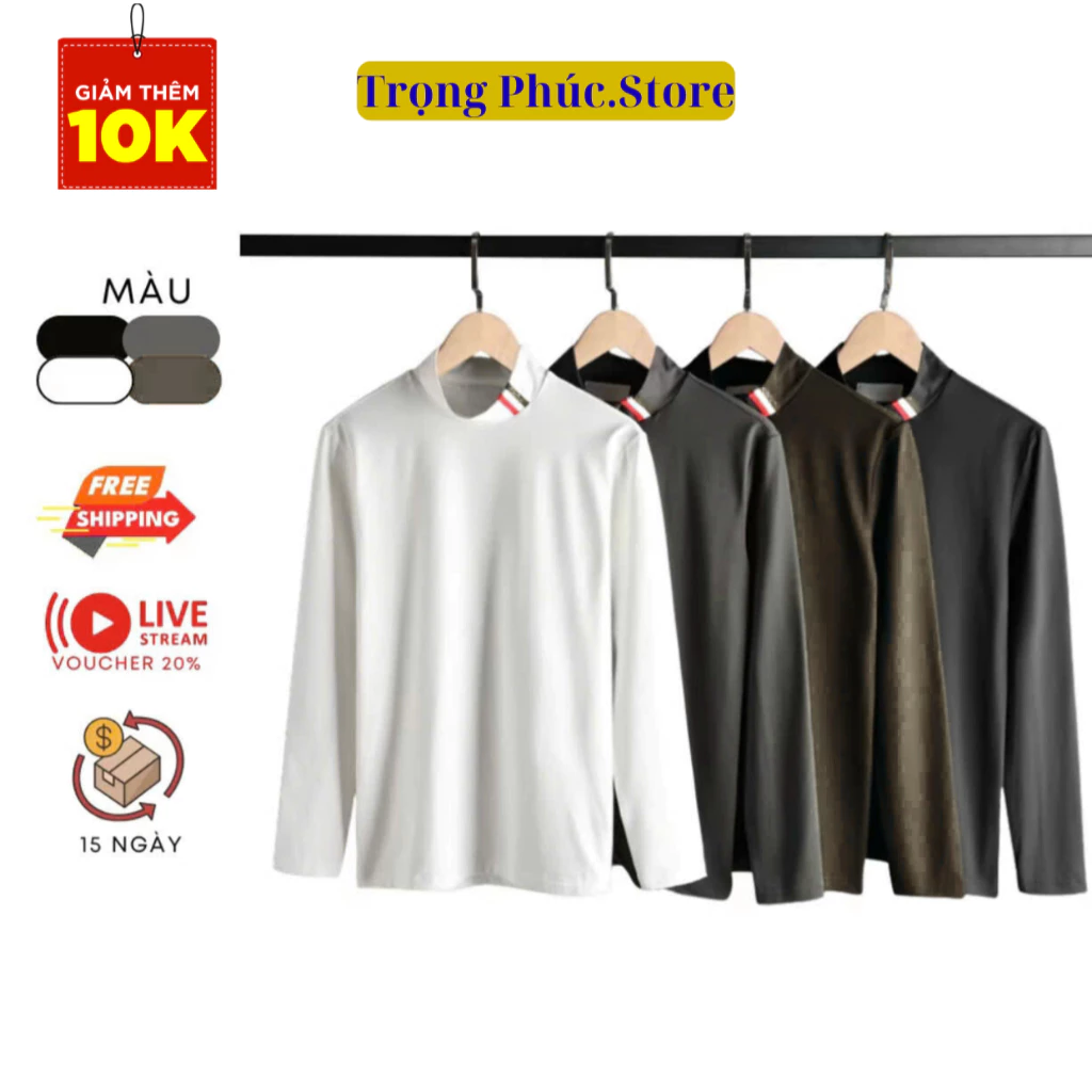Áo Thun Giữ Nhiệt Nam Dài Tay Cổ 3 cm, Áo Lót Giữ Ấm Thu Đông, Vải Thun Mềm Mịn Co Giãn Tốt, Màu Sắc Trẻ Trung Năng Động