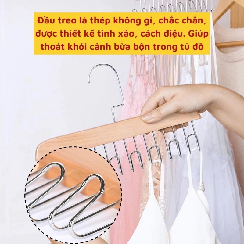 MÓC GỖ treo áo 2 dây, khăn, thắt lưng, cà vạt đa năng giá treo 8 mắc tiện lợi giúp gọn tủ quần áo