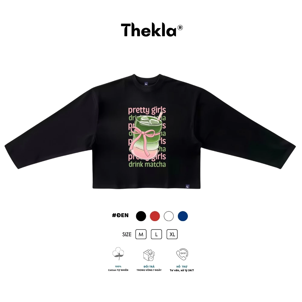 Áo Boxy Dài Tay THEKLA BST126 Drink Matcha - Áo Thu Đông Cotton 4 Chiều Dày Dặn Co Giãn Streetwear