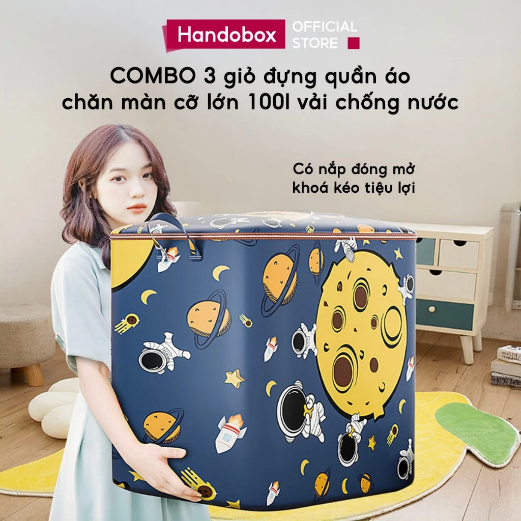 COMBO 3 Giỏ Đựng Quần Áo Cỡ Lớn 100L Túi Đựng Chăn Màn Vải Chống Nước Có Nắp Khóa Kéo Tiện Lợi