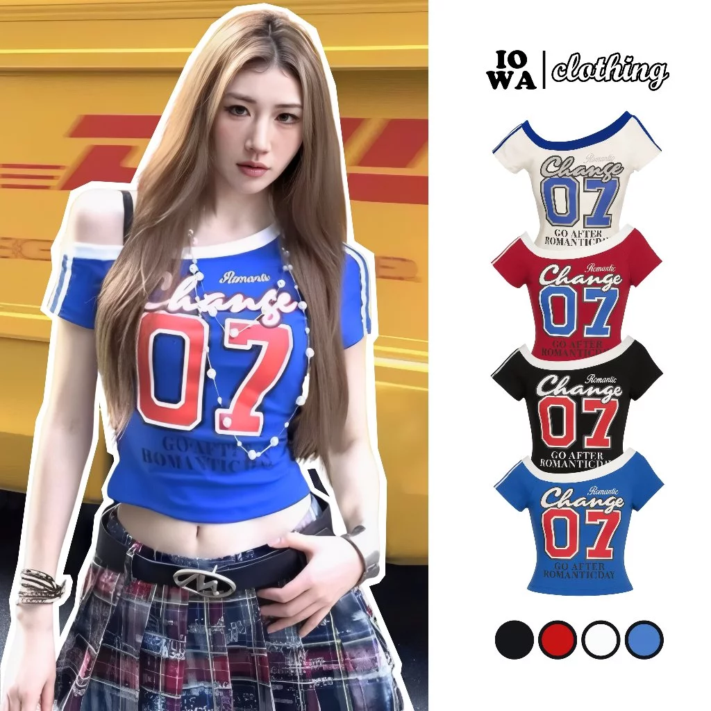 Áo Croptop Nữ Tay Ngắn Lệch Vai In Hình CHANGE 07 IOWA CR133 - Thun Borip Co Giãn, Trễ Vai