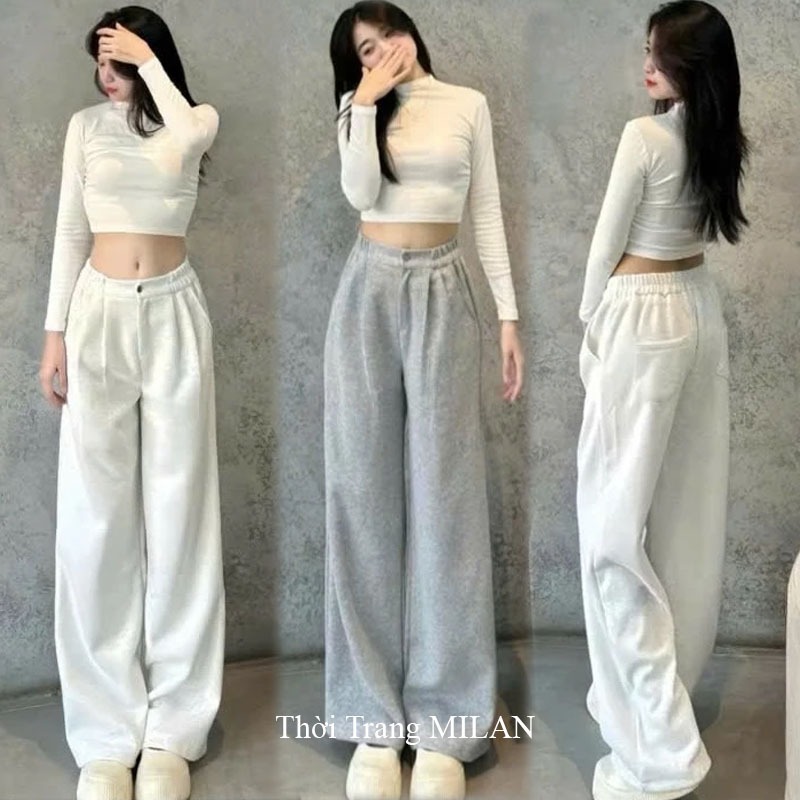 Quần ống rộng nỉ 2 da cao cấp cúc cài co giãn nữ m50 m55 m60 - Quần thể thao…
