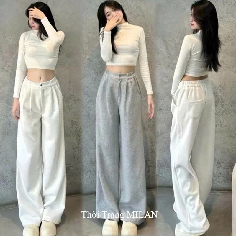 Quần ống rộng nỉ 2 da cao cấp cúc cài co giãn nữ m50 m55 m60 - Quần thể thao ống suông dài cạp chun đi học thể dục nhà