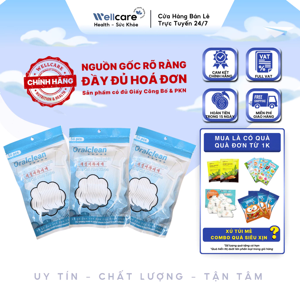 [✨CHÍNH HÃNG] Tăm Chỉ Nha Khoa Cao Cấp Oralclean - Túi 50 cây - Tăm Chỉ Kẽ Răng, Xỉa Răng Làm Sạch An Toàn