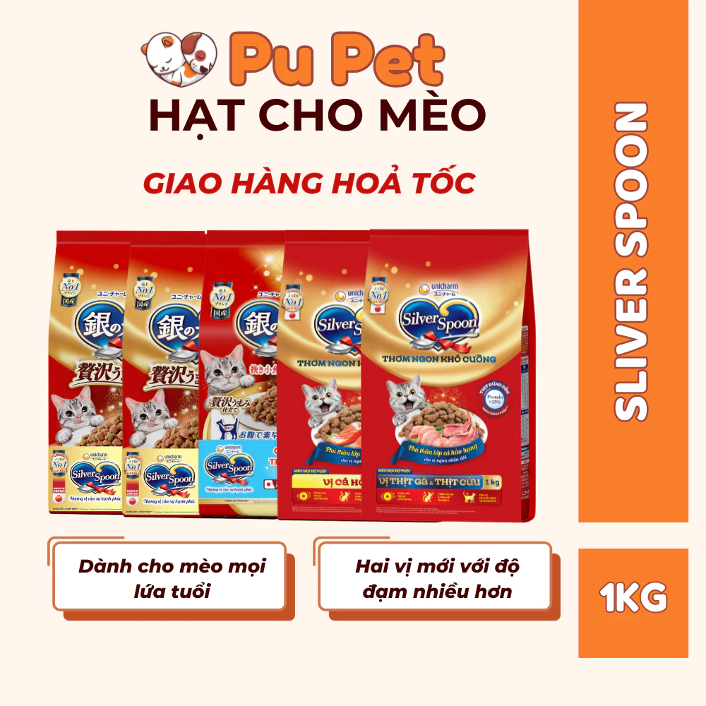 Hạt Cho Mèo Silver Spoon Unicharm 1kg Nội Địa Nhật Bản Đủ Vị Gà Cá Ngừ Và Dòng Giảm Nôn Trớ