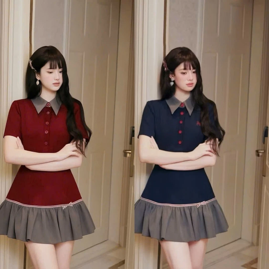 ĐẦM NỮ CỔ ( MẪU MỚI ) SƠ MI PHỐI NÚT ĐỎ HIỆN ĐẠI, TRẺ TRUNG, CÁ TÍNH, SANG CHẢNH, PHÙ HỢP ĐI CHƠI ĐI TIỆC