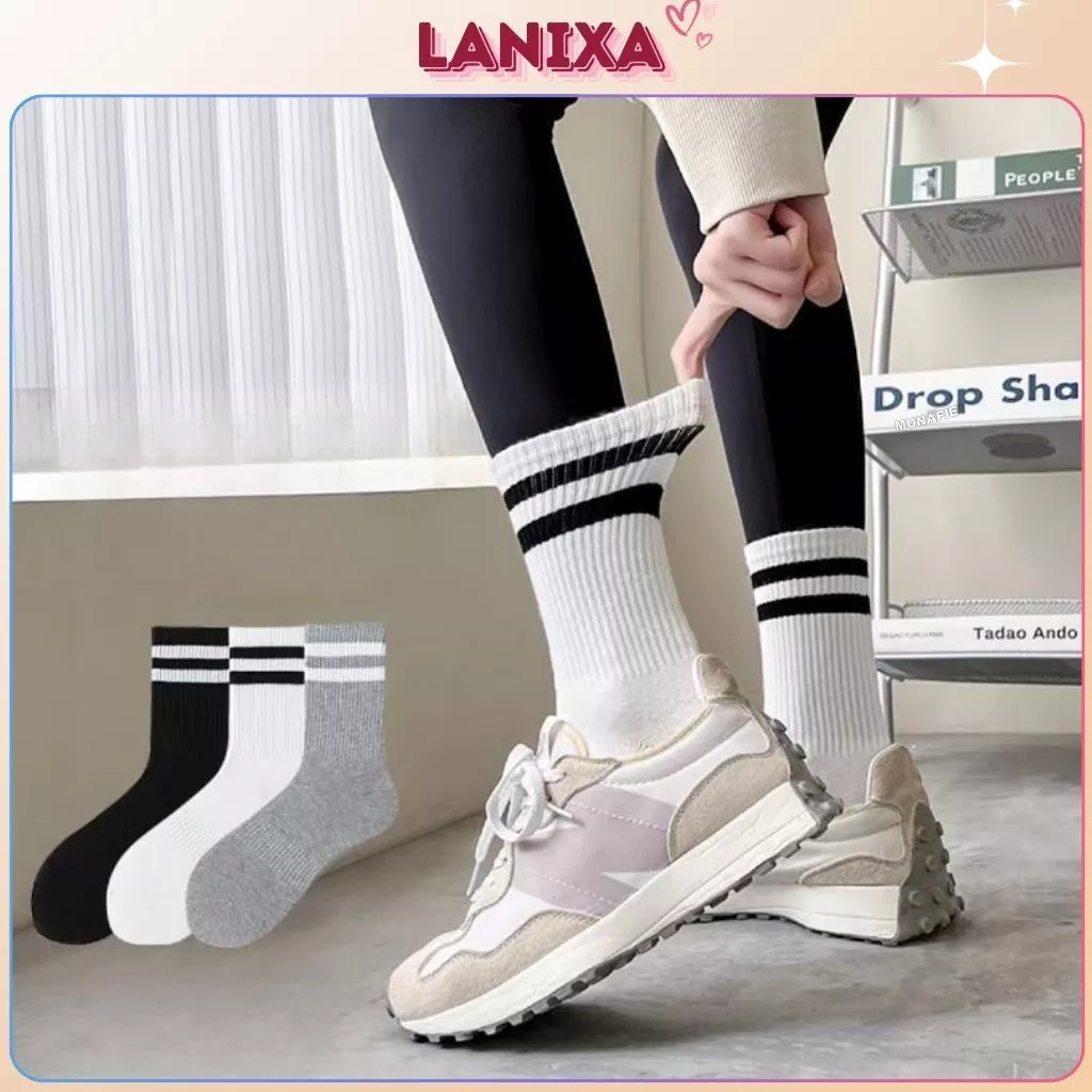 [ Xả hàng ] Tất nam nữ cổ trung cotton mềm mại thoáng mát 2 sọc dày dặn êm ái thấm hút và co dãn tốt LANIXA T588