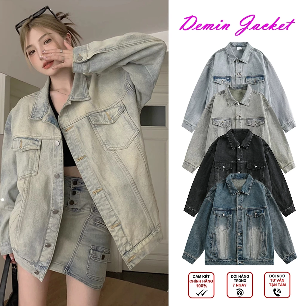 Áo Khoác Jean Nữ Chất Jean Demin Cao Cấp Đứng From Wash Màu Hot Trend Phong Cách Retro