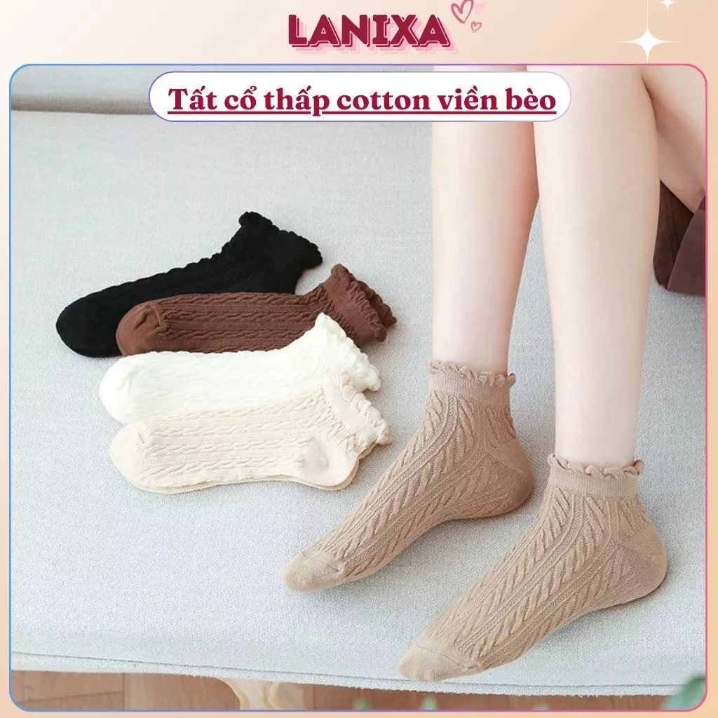 [ Xả hàng ] Tất cotton nữ cổ ngắn bèo nhún xinh xắn đáng yêu thấm hút tốt thoáng khí họa tiết basic LANIXA T685