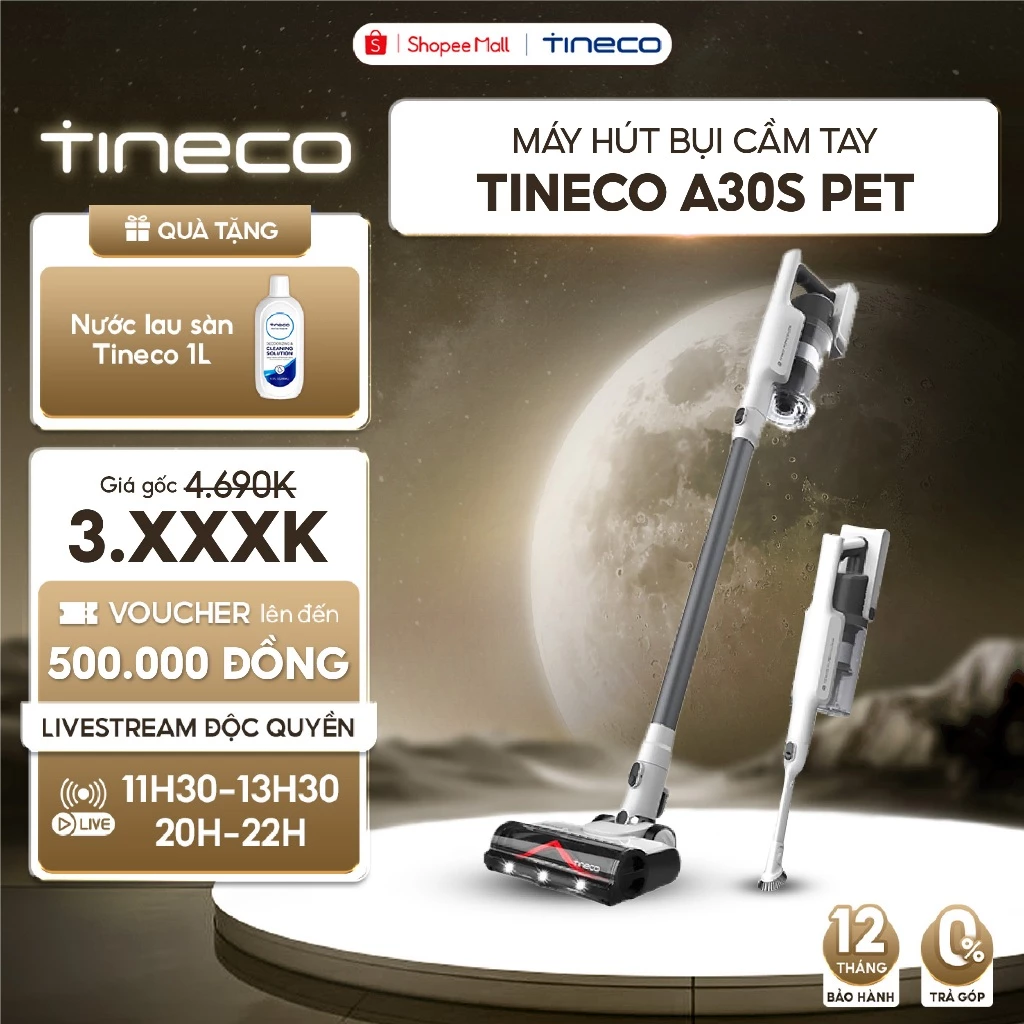 Máy hút bụi cầm tay không dây Tineco A30S Pet - Đầu hút giường nệm, khe hẹp - Công suất 160W -Thời gian dùng đến 60 phút