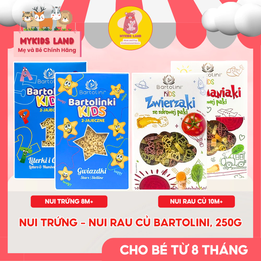 [DATE T1.2028] Nui Trứng Mini - Nui Rau Củ Hữu Cơ BARTOLINI Ý – Ngôi Sao - Chữ Số - Động Vật Cho bé Ăn Dặm Từ 8M+ 250g