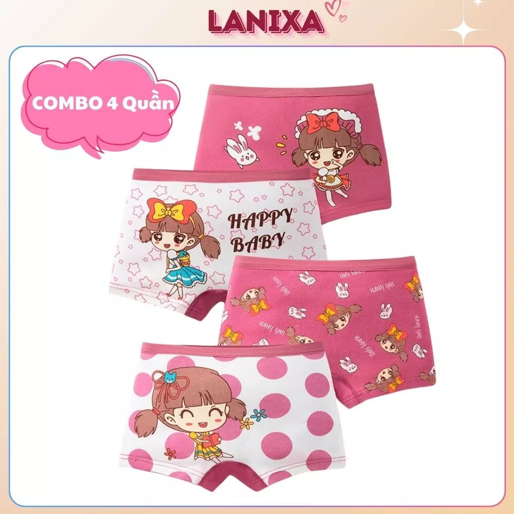 [ Xả hàng ] COMBO 4 Quần chip đùi bé gái chất cotton co giãn thấm hút đáy kháng khuẩn họa tiết cute LANIXA L8009