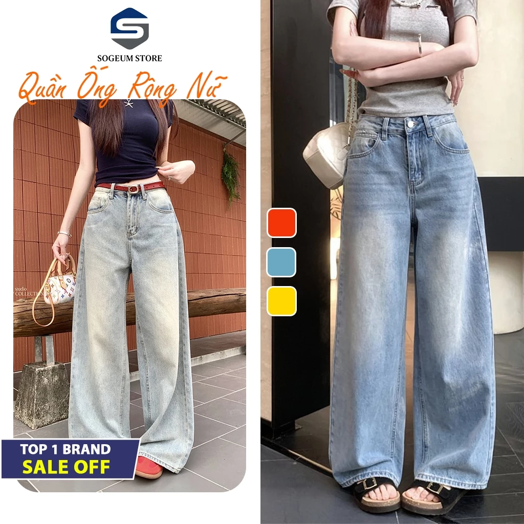 Quần Jean Bò Nữ Ống Rộng Suông Cạp Cao Wash Màu Vintage Cạp Cao Đứng Form Ống Rộng 25-27cm