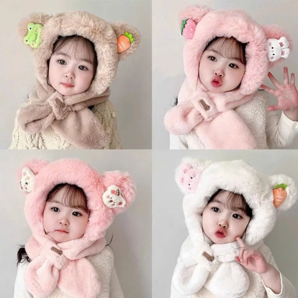 Mũ Lông Thỏ Mềm Mịn Cho Bé Hoạ Tiết Gắn Tai Cho Bé Cưng Xỉu. Mũ Kèm Khăn Cho Bé Từ 2-6 Tuổi
