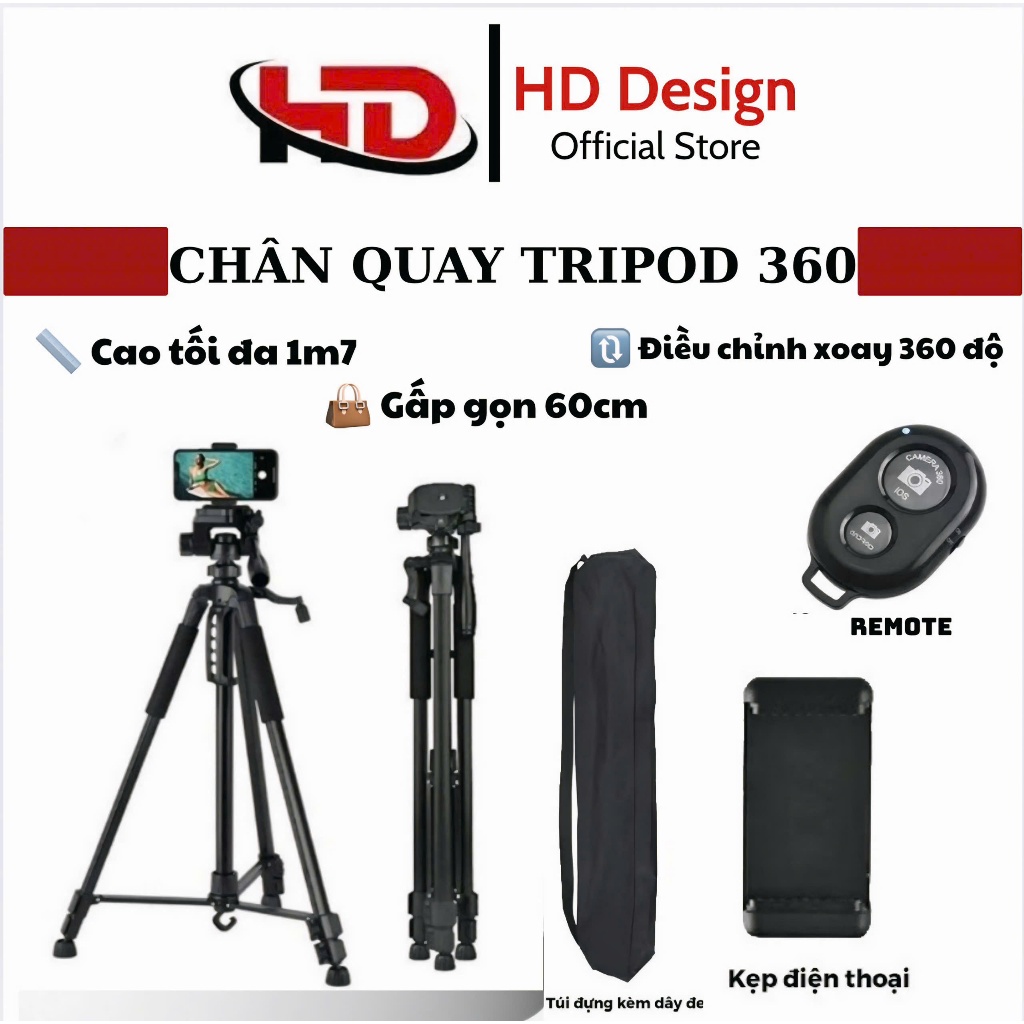 Chân Quay Máy Ảnh Điện Thoại Tripod kim loại 360° Tặng Kèm Remote, túi đeo…