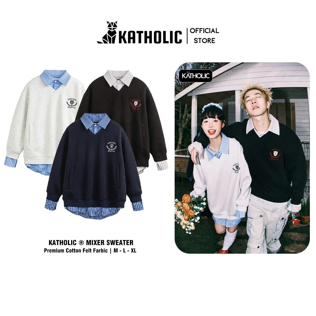 Áo Sweater Mix Sơ Mi Kẻ Nam Nữ Local Brand KATHOLIC Chất Liệu Nỉ Hai Da Form Rộng Oversize KAT033