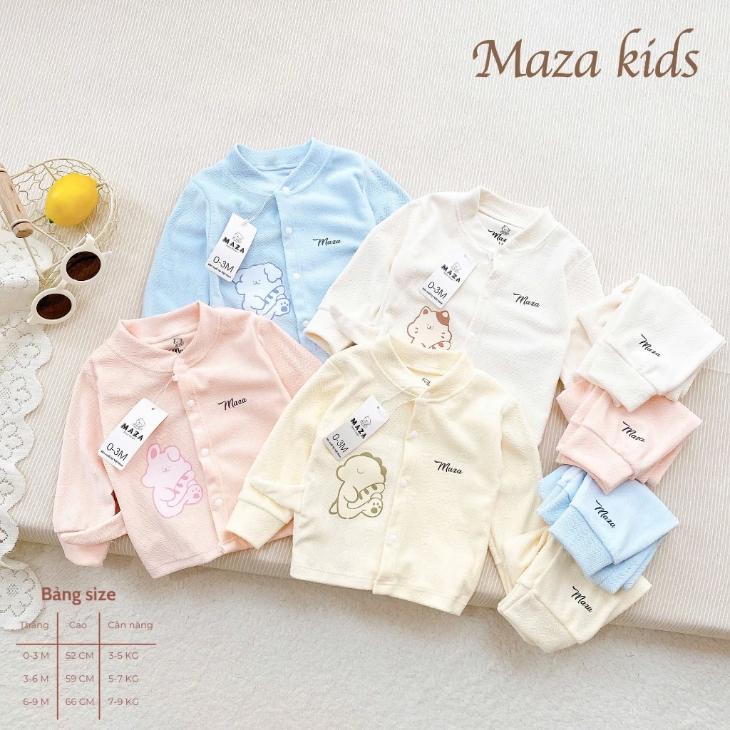 BD21. Bộ Sơ Sinh Thu Đông Mazkids Vải Nỉ Nhung Dầy Ấm, Mềm Mịn Phối Đuôi Thú Xinh Cho Bé Sơ Sinh Từ 3-9kg