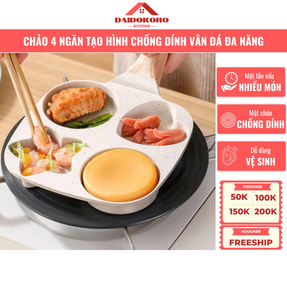 Chảo 4 Ngăn Tạo Hình Chống Dính Vân Đá Đa Năng Làm Bánh PanCake, Chiên Trứng Ốp La, Đồ Ăn Sáng
