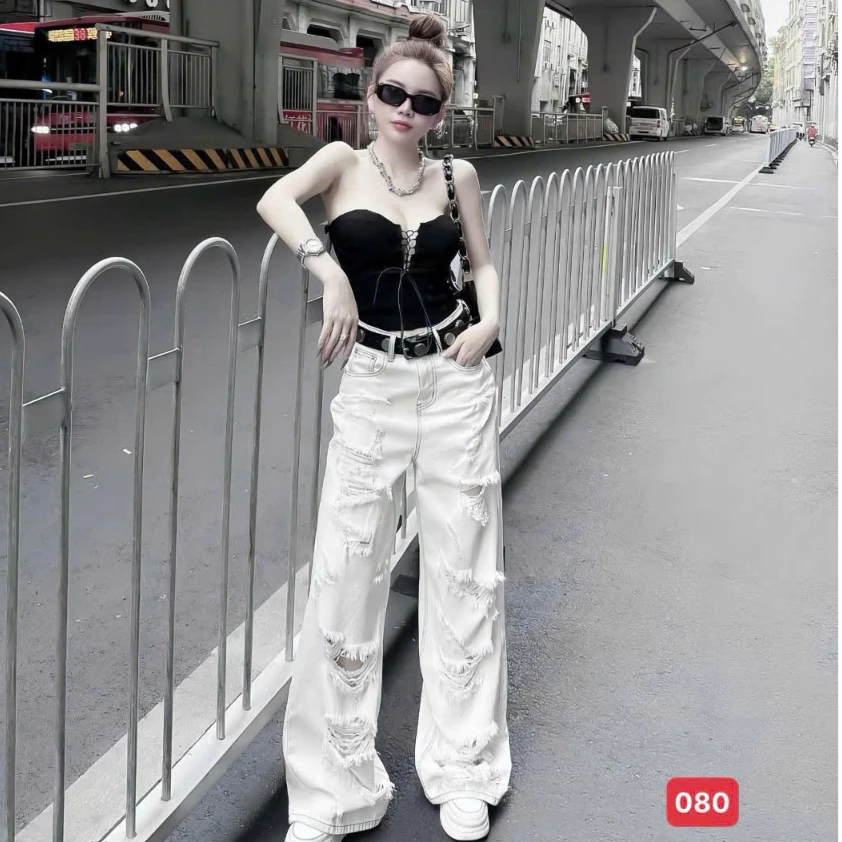 Quần Jean Nữ Suông Lưng Cao, Quần Baggy Jean Nữ Phối Rách vải không giãn thời trang trẻ trung MQ080