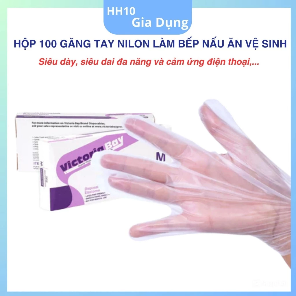 Hộp 100 Găng tay nilon làm bếp nấu ăn vệ sinh Victoria Bay - Bao tay TPE kháng khuẩn