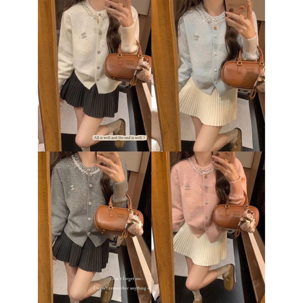 𝐘𝐮𝐫𝐢.𝐬𝐭𝐨𝐫𝐞 Set Áo Len Đính Đá + Chân Váy Dịu Dàng #03(sẵn 2 set trắng)