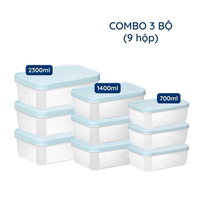 Combo 9 hộp thực phẩm chữ nhật Hokori (MS:6533) Việt Nhật, Hộp bảo quản thức ăn, đồ đông lạnh an toàn MAIHONGPHONG
