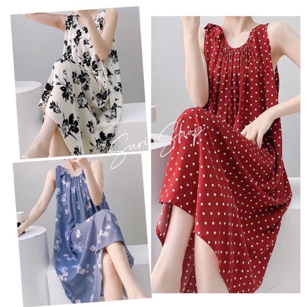 Váy sát nách lanh tole mềm mát, phối nơ xinh Freesize rộng rãi 60-82kg mặc được, bầu bí bon chen thoải mái