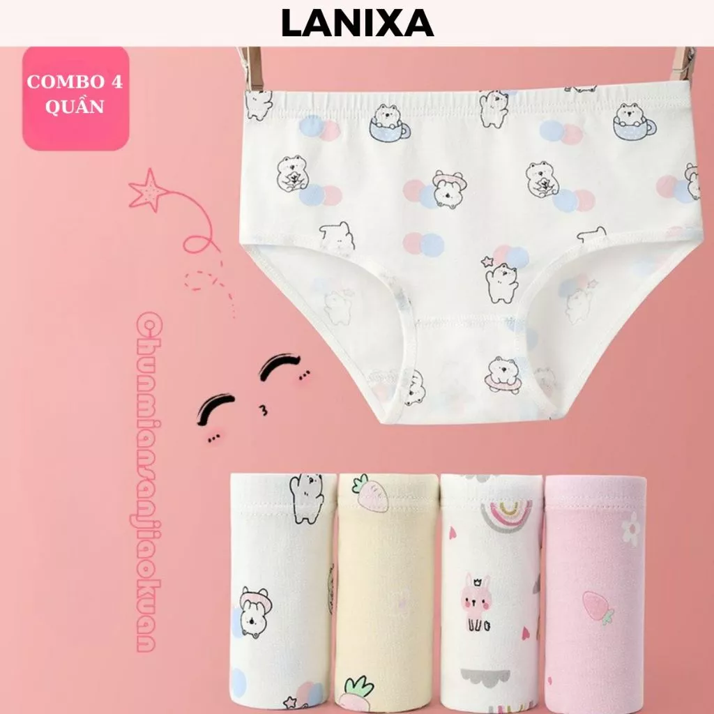 [ Xả hàng ] COMBO 4 Quần lót bé gái cotton cao cấp co giãn êm ái họa tiết gấu thỏ cute dễ thương LANIXA L7000
