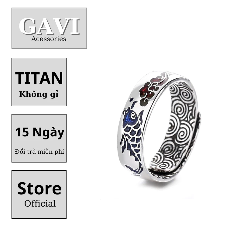 Nhẫn mây may mắn cá chép tráng men xanh Jingtai nghệ thuật thời trang Gavi basic cho nam và nữ - Nhẫn Tổng Hợp