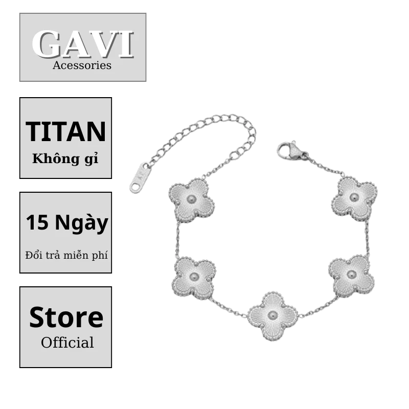 Vòng tay nam nữ cỏ 4 lá mạ bạc titan thiết kế Gavi đính đá 2 mặt vòng tay may mắn