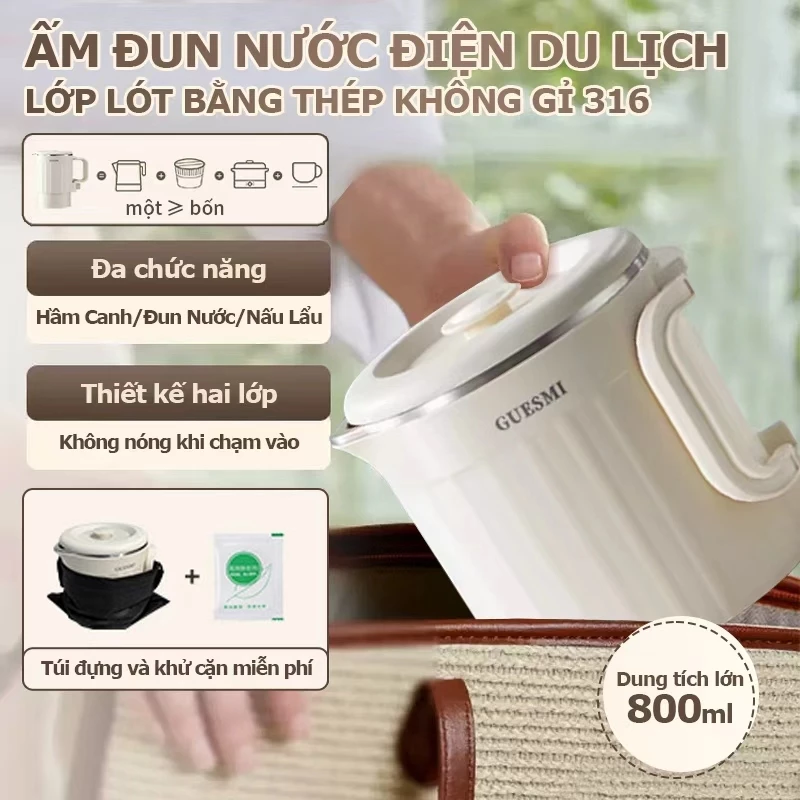 Ấm Đun Nước Điện 0.8L, Ấm Đun Siêu Tốc Gấp, Thép Không Gỉ 316, Giữ Nhiệt, Tự Động Ngắt, Đa Năng