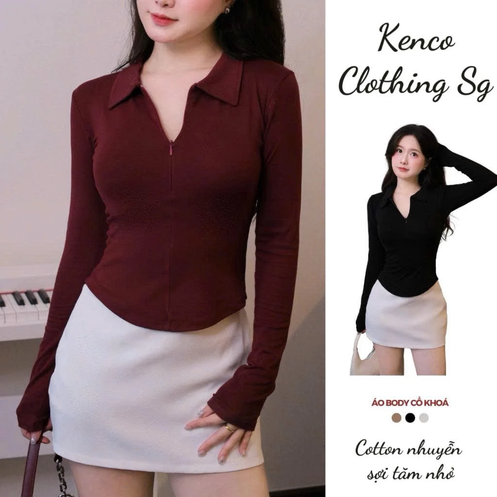 [Mở Bán] Áo Thun Nữ Tay Dài Ôm Body Cổ Bẻ Phối Khoá Kéo Dáng Vạt Bầu Cotton nhuyễn Kenco Sg M2705