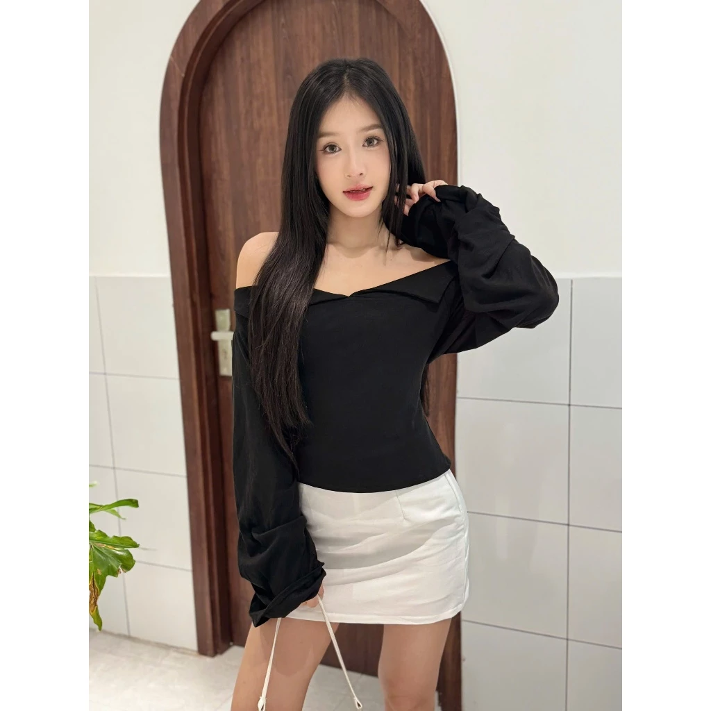 Áo trễ vai tay dài dáng ôm mùa thu L12 xám/đen/nâu bigsize - Orimi