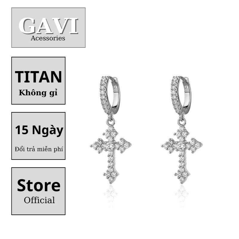 Hoa Tai nam nữ chất liệu titan inox thiết kế đính đá hình cây thánh giá style hiphop - Hoa Tai Thánh Giá Đá ( 1 Chiếc )
