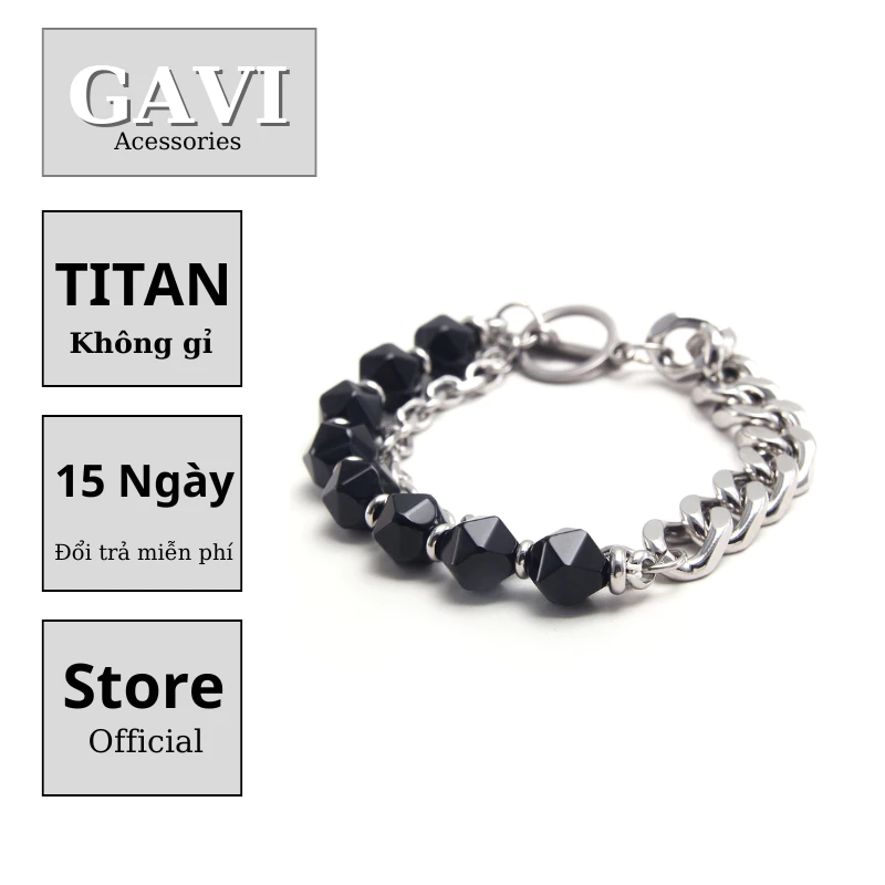 Vòng tay nam nữ dây xích mix đá black oval chất liệu mạ bạc titan chống han gỉ thiết kế Gavi - Vòng Tay Black Agate