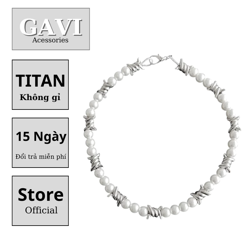 Vòng cổ titan unisex thời trang cá tính dây chuyền ngọc trai Gavi màu bạc dễ dàng phối đồ - Vòng Cổ Thorn