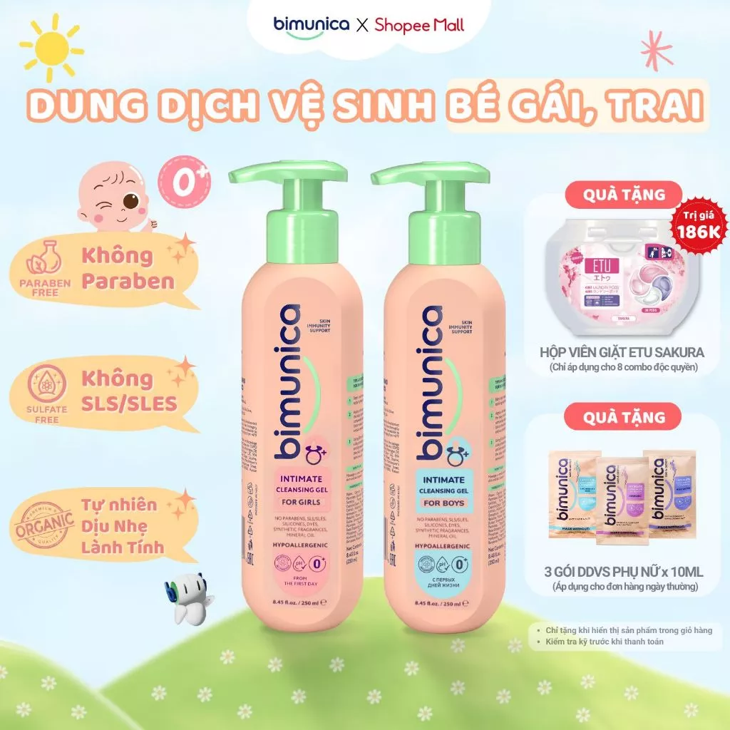 Dung Dịch Vệ Sinh Vùng Kín Và Mông Bé Bimunica - Cho Bé Gái/Trai Từ 0 Tháng Tuổi, Dịu Nhẹ