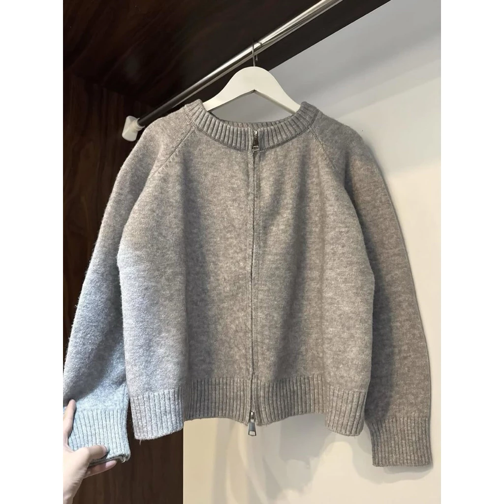 𝐂𝐡𝐚𝐫𝐥𝐨𝐭𝐭𝐞.𝐨𝐝_ Áo Khoác Len Dệt Kim Cổ Tròn Dáng Ngắn Trơn Đơn Giản Khoá Kéo 2 Chiều QCCC