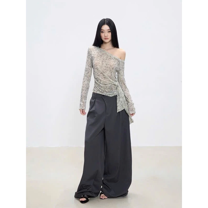 Áo tay dài trễ vai dáng ôm thắt dây eo P4 kem/ nâu