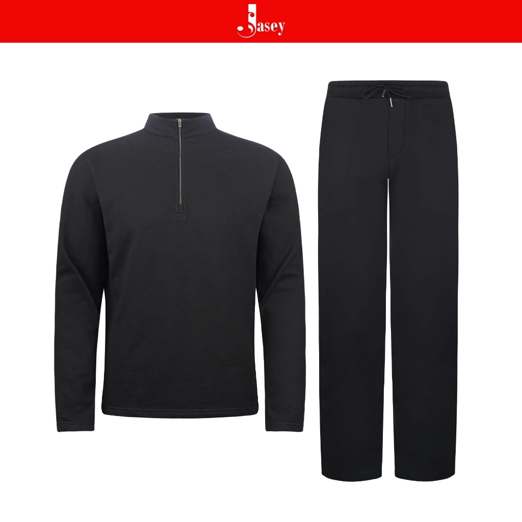 Bộ thể thao nam chất cotton JASEY, bộ thu đông đen trơn chuẩn size mã 4405