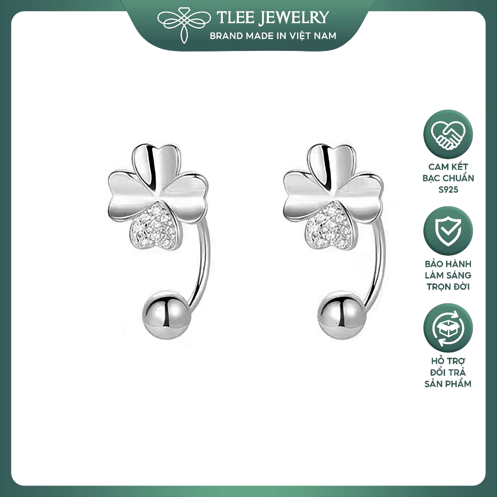 Khuyên tai bạc nữ TLEE cỏ bốn lá hoa cong chốt bi vặn TLEE JEWELRY B0259