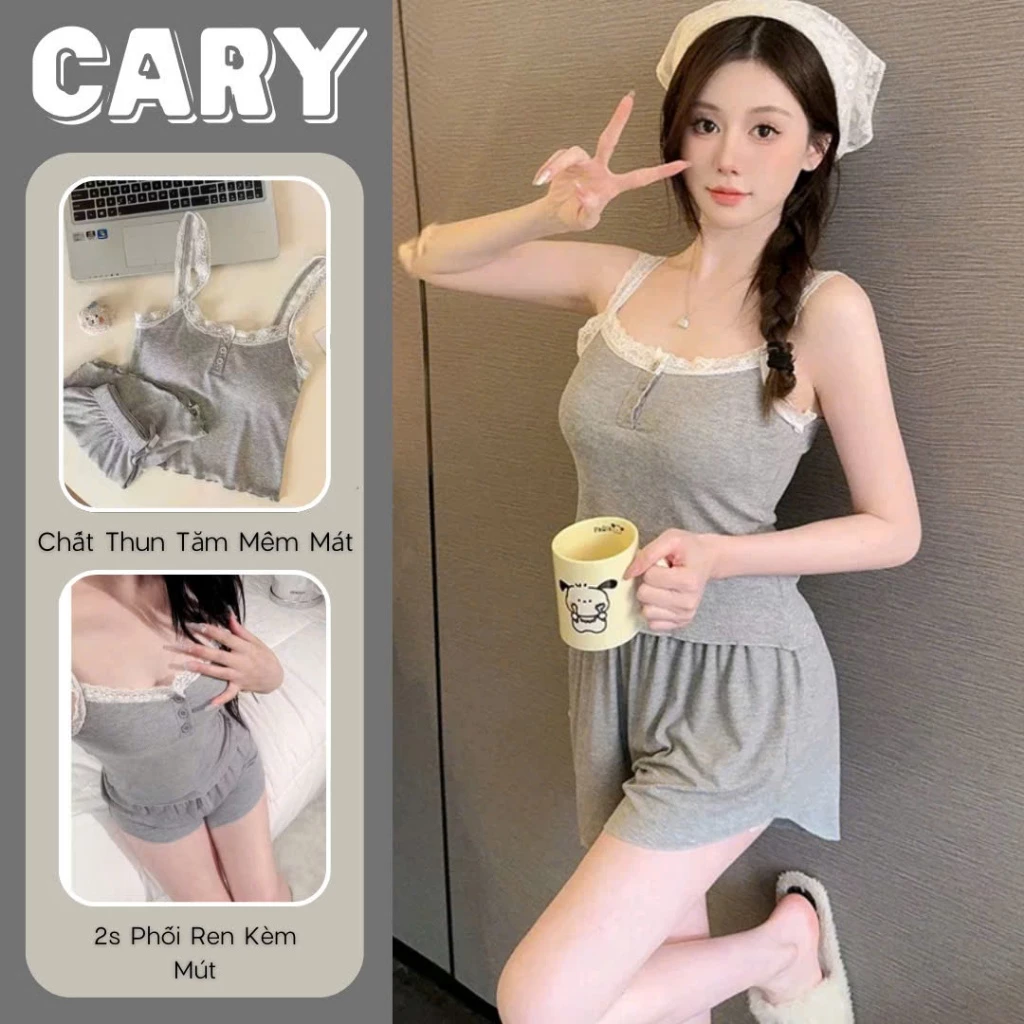 Bộ đồ ngủ mặc nhà phối ren áo hai dây phối quần short chất thun tăm mát kèm mút CARY