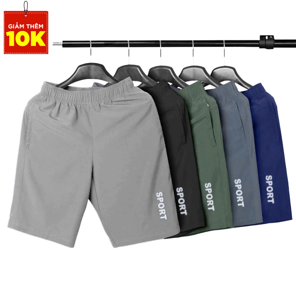 [Giảm giá ] Combo quần short nam SPORT set 5 cái, vải gió trơn, mỏng, túi có khoá kéo, mặc co giãn, quần đùi nam giá rẻ.