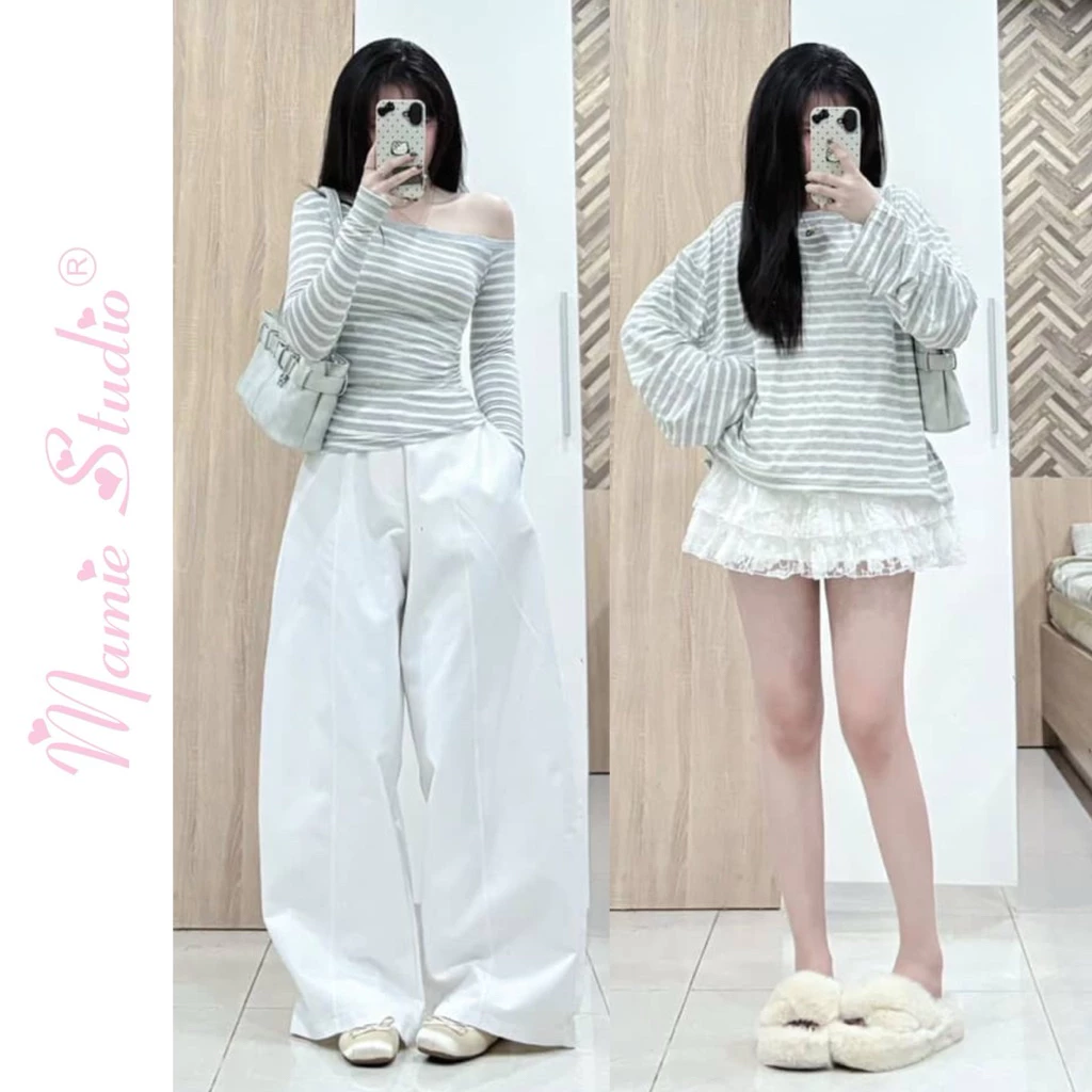 MaMie Studio - Áo thun sọc ngang 2 phân loại, áo lệch vai ôm body nữ tay dài và áo thun form rộng boxy tay dài thời tran