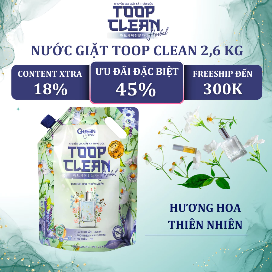 Túi Nước Giặt Thảo Mộc TOOP CLEAN Herbal 2,6 Kg Đậm Đặc - Hương Hoa Thiên Nhiên