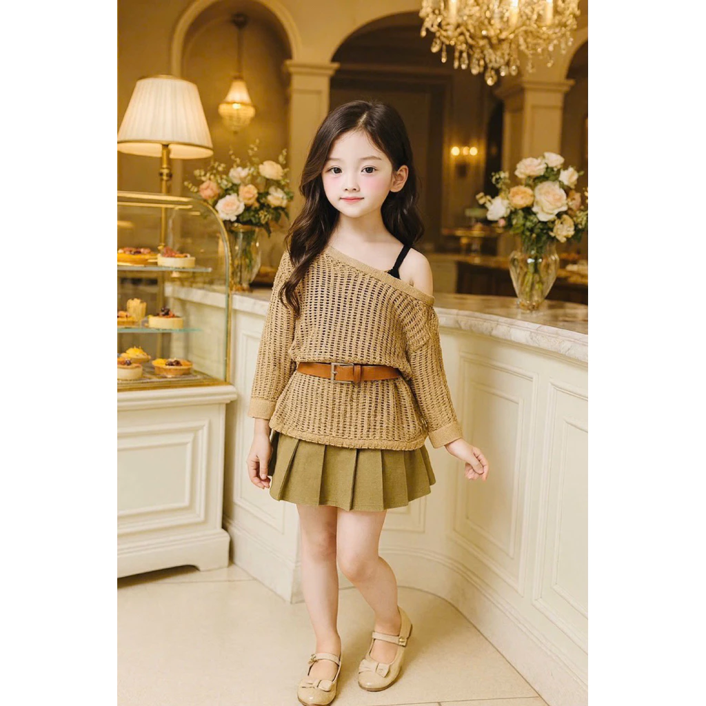 Set váy lưới xinh sang 4 chi tiết: Áo lưới dài tay, áo 2 dây, chân váy xếp li và kèm dây đai cho bé gái (9-32kg)
