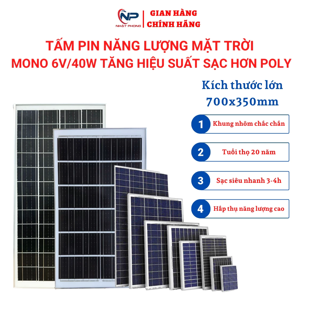 Tấm pin năng lượng mặt trời Mono đơn tinh thể công suất 6V/50W dùng cho đèn năng lượng mặt trời 300W đến 1000w